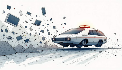 A car navigating through a heap of broken electronics, symbolizing a Tech Rescue Mission to reclaim discarded devices.