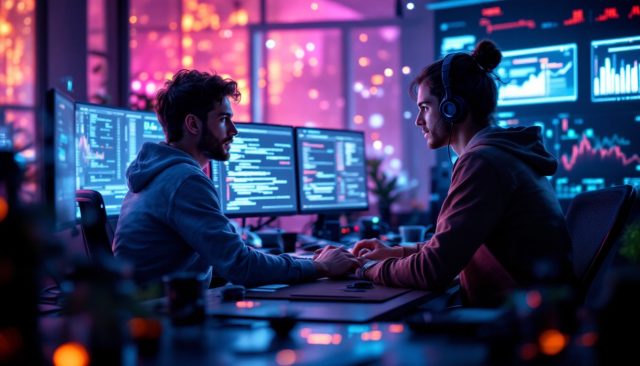 Developers Collaborating to Solve a Coding Challenge