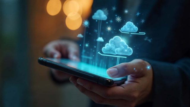 A person holds a smartphone displaying virtual cloud icons, symbolizing the essence of cloud computing and how data storage seamlessly integrates with what are cloud-native applications.