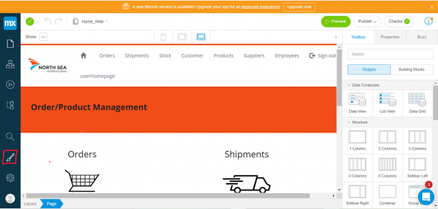 product management page displayed on a Mendix dashboard, showcasing product details and order options.
