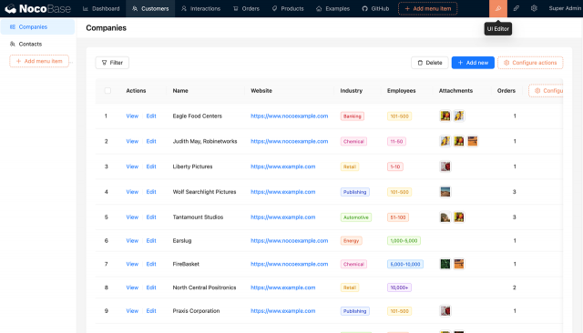 Dashboard of the Nocobase website displaying various items and features for user interaction and management.