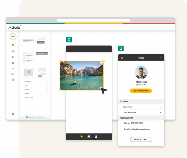 An Adalo website builder interface displays a template editor, a mobile photo upload screen with a lake image, and a user profile card for Max Hines.