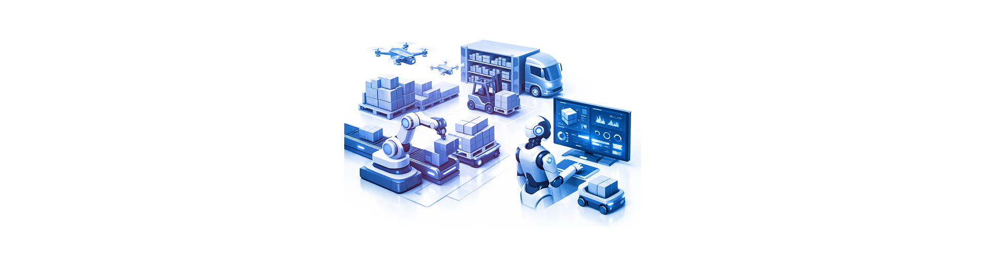 Robots and drones automate logistics in an AI-Enhanced Warehouse & Logistics Operations hub, moving and organizing boxes with the help of AI and data displayed on a large screen.