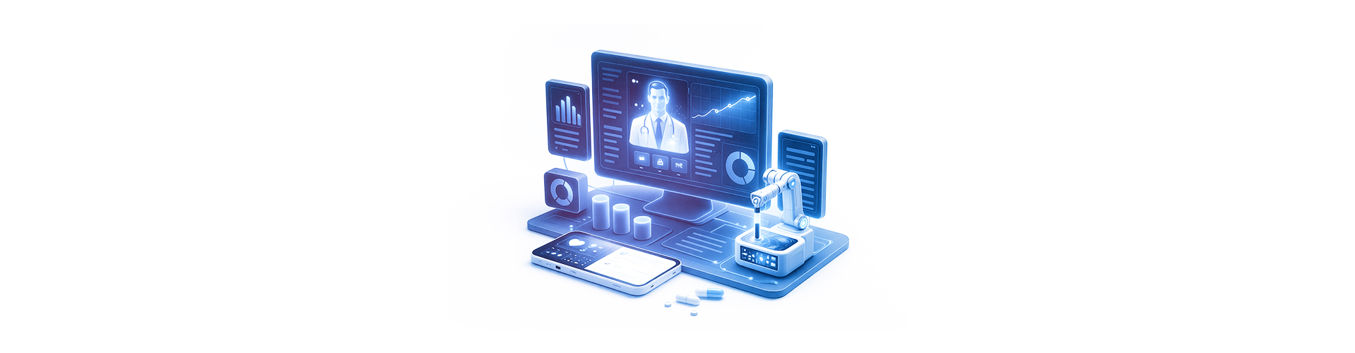 A digital illustration of a telemedicine setup featuring AI in health, with a doctor on a computer screen, medical charts, a robotic arm, a smartphone, and medication arranged on the desk.
