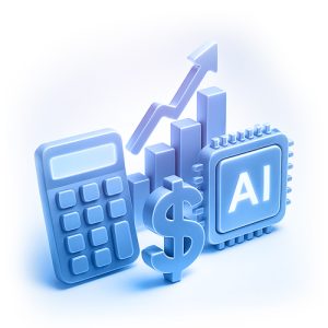3D icons of a calculator, dollar sign, bar chart with an upward arrow, and a computer chip labeled "AI," illustrating AI ROI in Gen AI for financial analysis or business growth.