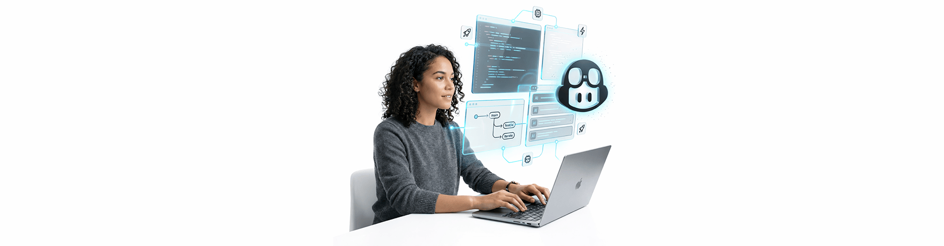Developer using GitHub Copilot AI to assist coding, autocomplete functions, and accelerate software development
