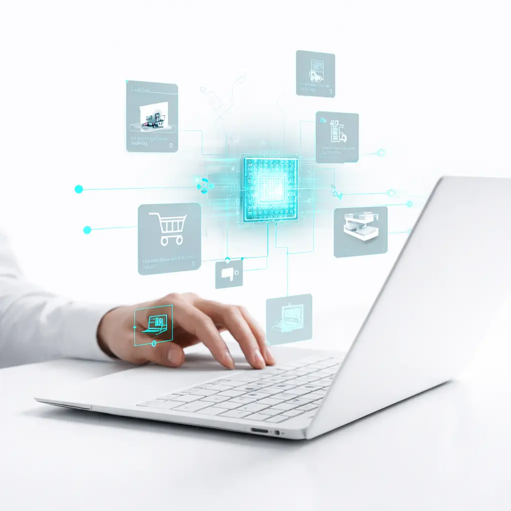 A person types on a laptop with digital icons of various online services, such as shopping and gaming, along with AI Pilots in retail solutions, displayed as holograms above the keyboard.